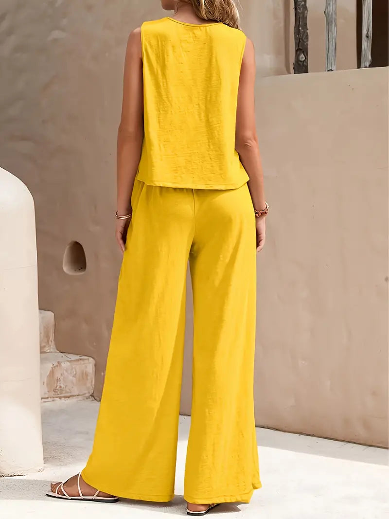 Lalabellala Chic Sleeveless Tank & Wide Leg Pants Outfit Set