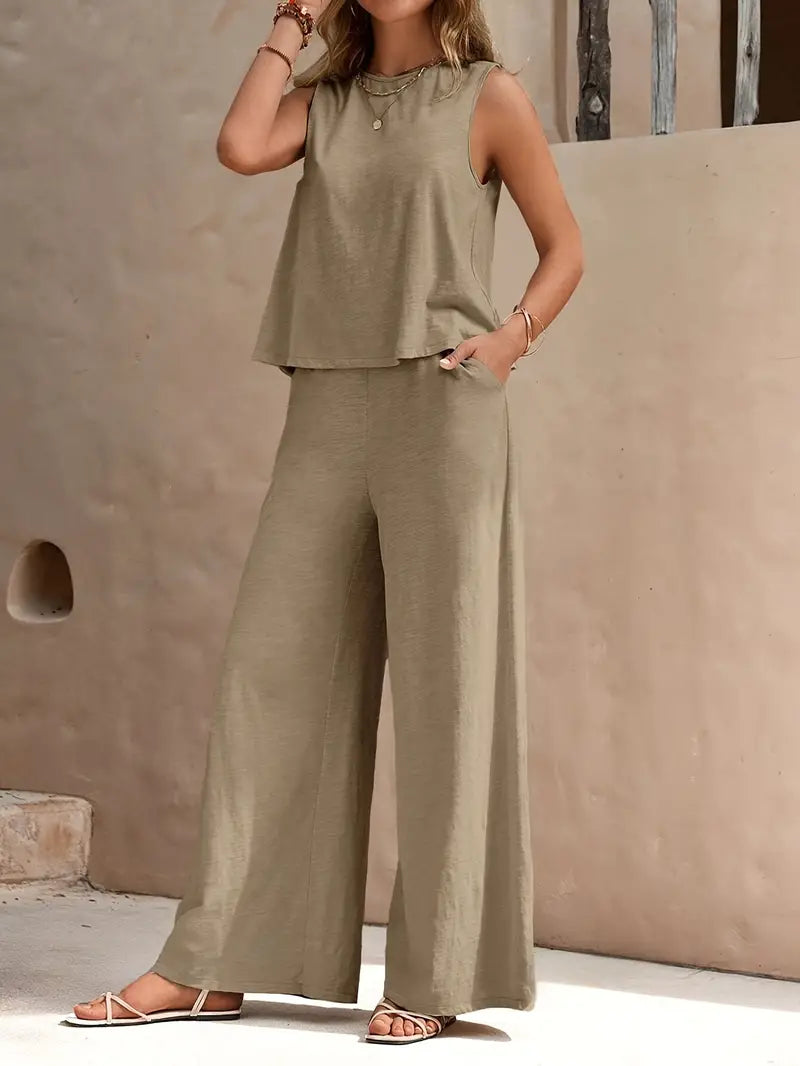 Lalabellala Chic Sleeveless Tank & Wide Leg Pants Outfit Set