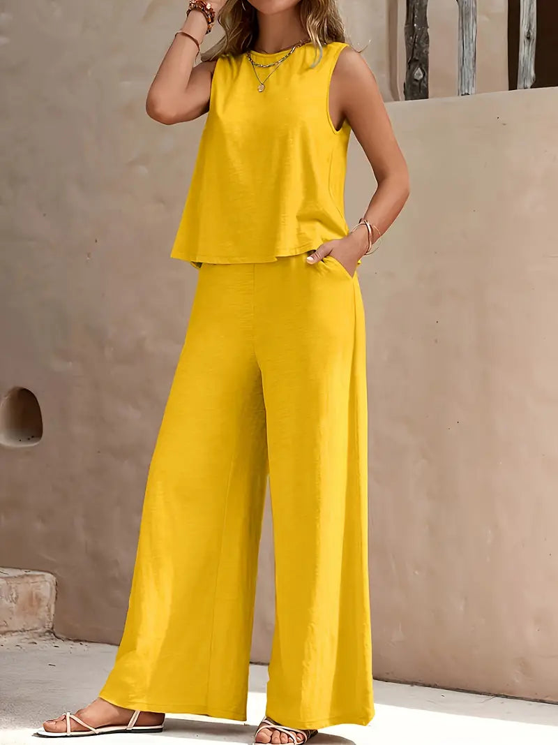 Lalabellala Chic Sleeveless Tank & Wide Leg Pants Outfit Set